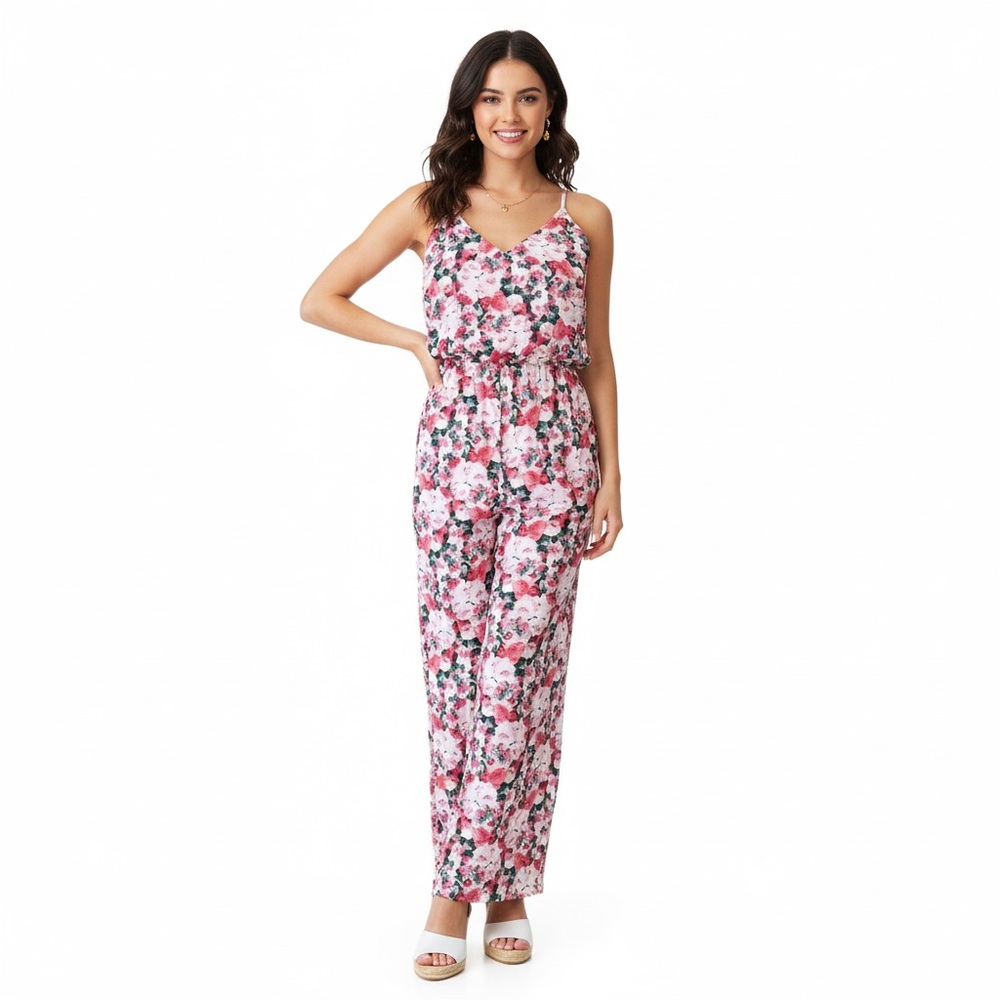 Forever‎ 21 Women's Size Small S Pink Multi Colored Floral Jumpsuit Sleeveless